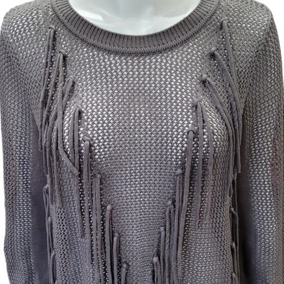 New York & Company Gray Fringe Tassel Open Knit Sweater Womens Large Semi Sheer - Picture 4 of 10